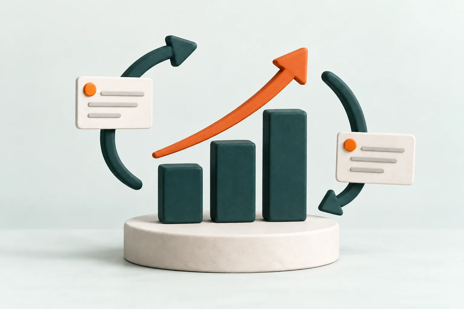 A rising chart and feedback arrows representing continuous improvement